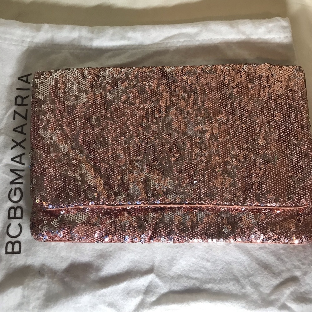 BCBGMaxazria Sequined Fold over Rose Gold Clutch
